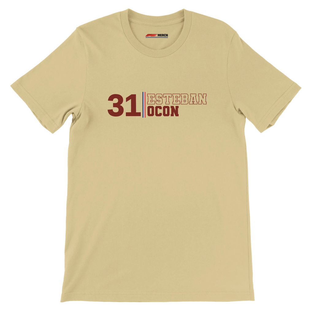 f111 merch soft-cream color t-shirt with esteban-ocon branding.
