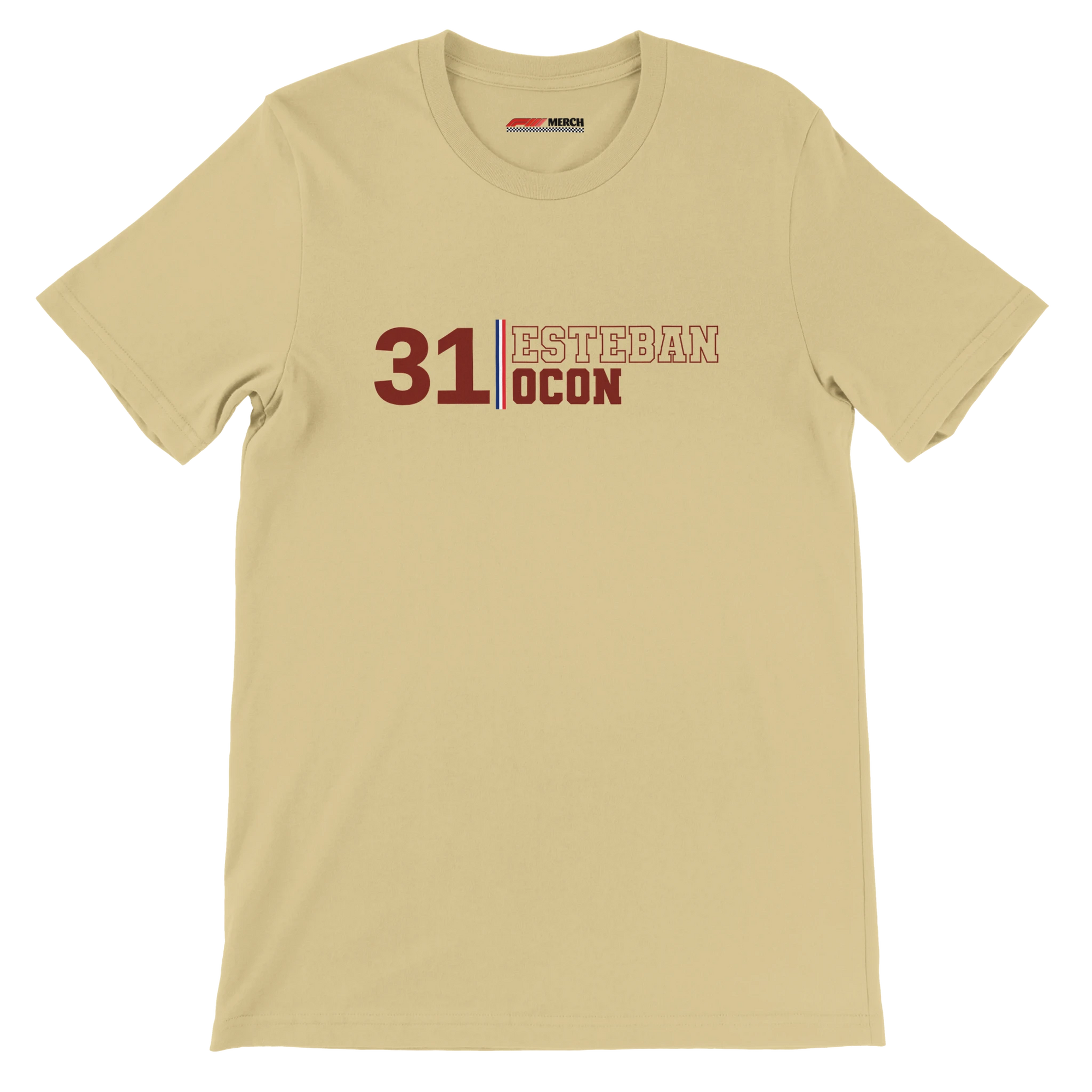 f111 merch soft-cream color t-shirt with esteban-ocon branding.