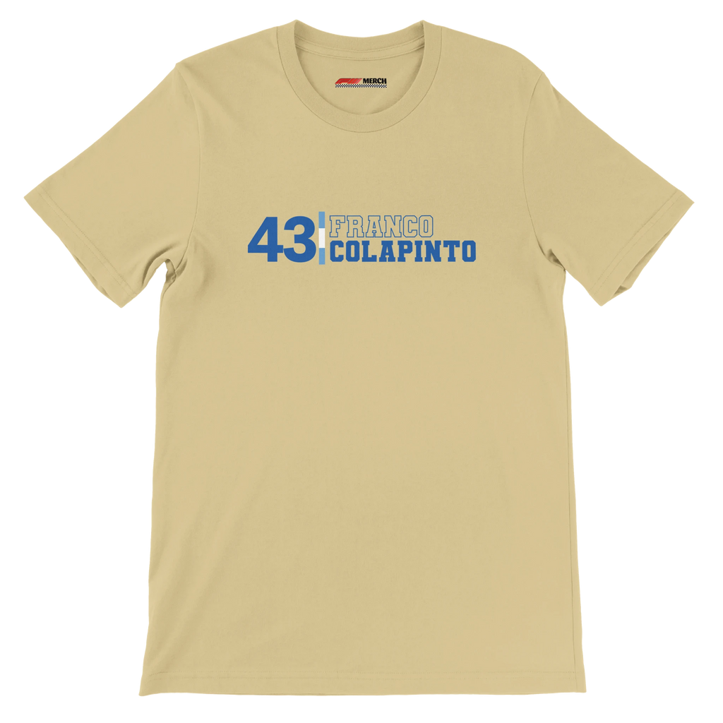 f111 merch soft-cream color t-shirt with franco-colapinto branding.