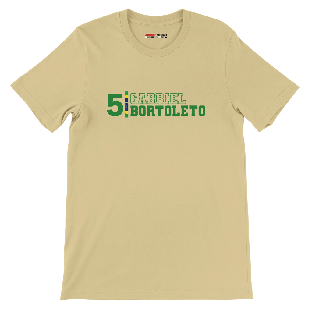 f111 merch soft-cream color t-shirt with gabriel-bortoleto branding.