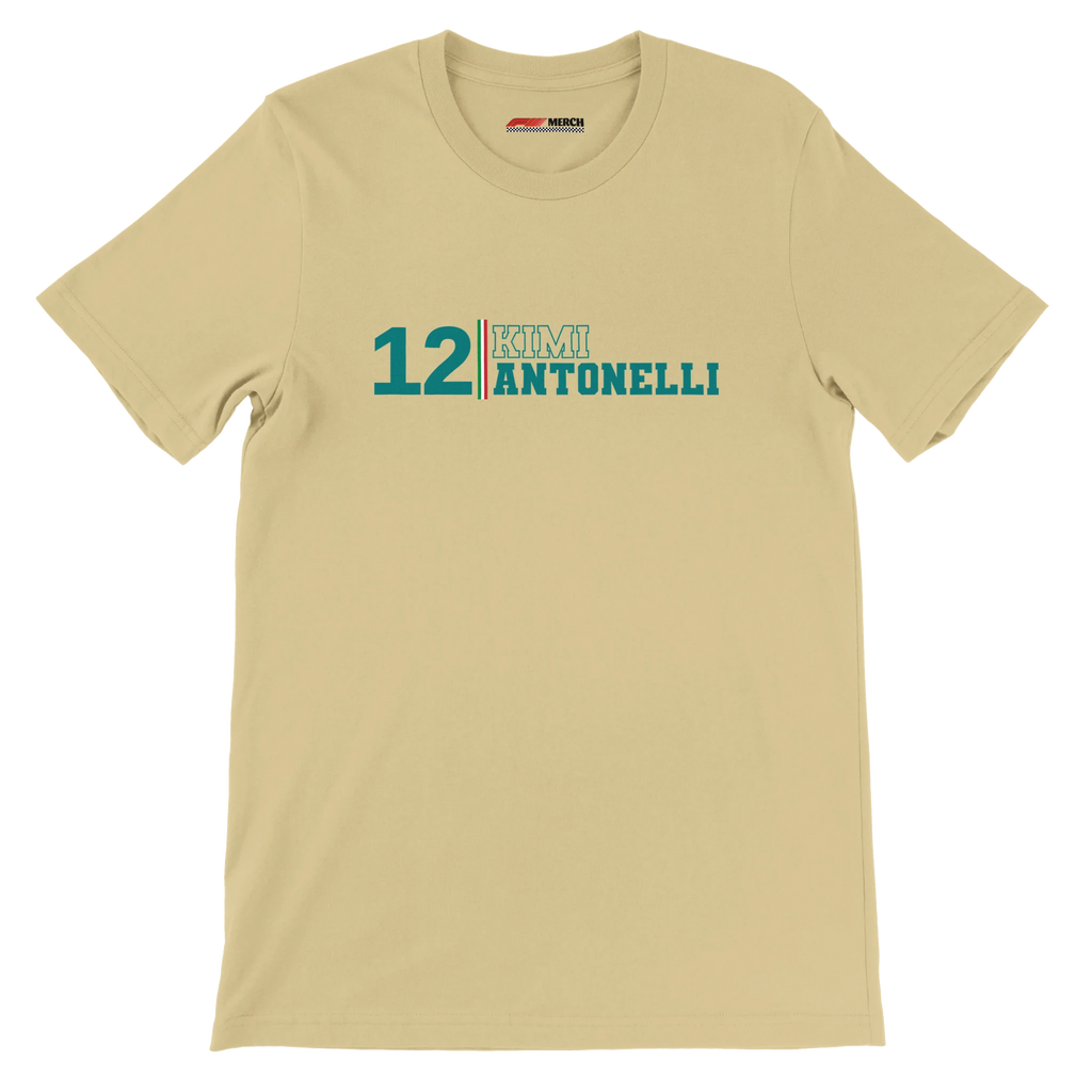 f111 merch soft-cream color t-shirt with kimi-antonelli branding.