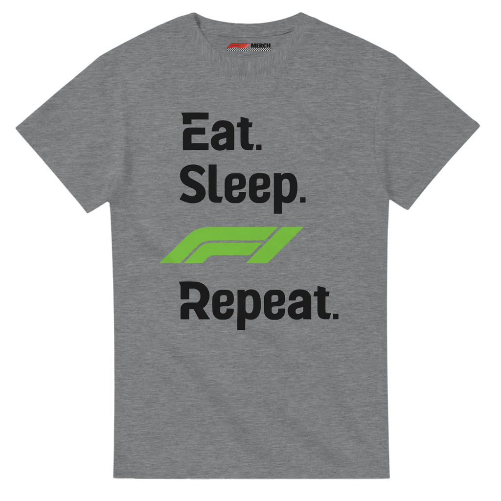 f111 merch sport-grey color t-shirt with eat-sleep-f1-repeat-green branding.