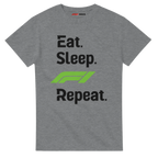 f111 merch sport-grey color t-shirt with eat-sleep-f1-repeat-green branding.