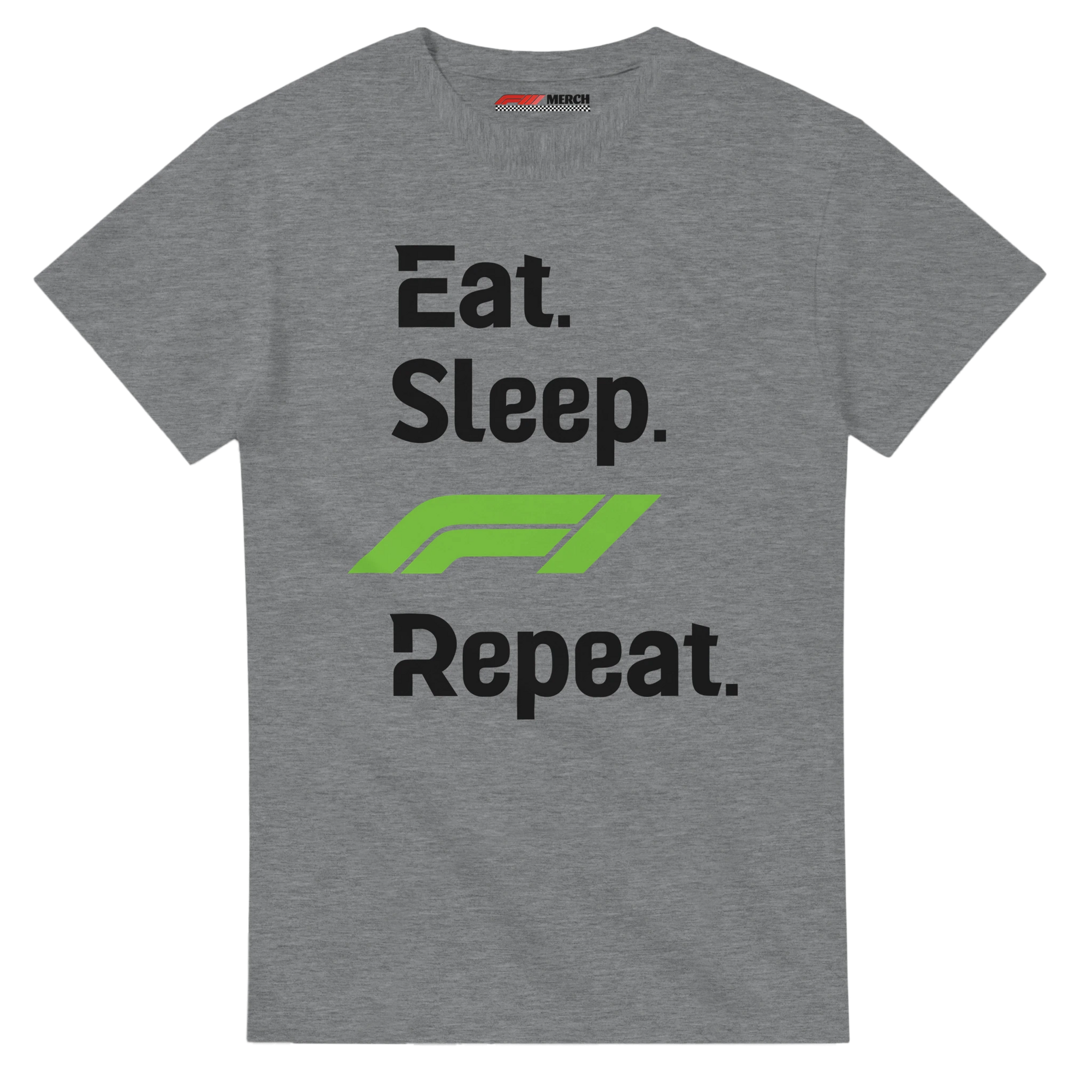 f111 merch sport-grey color t-shirt with eat-sleep-f1-repeat-green branding.