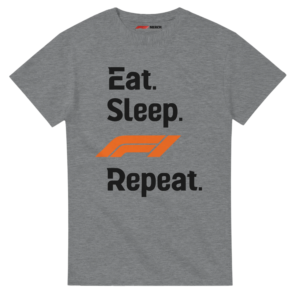 f111 merch sport-grey color t-shirt with eat-sleep-f1-repeat-orange branding.