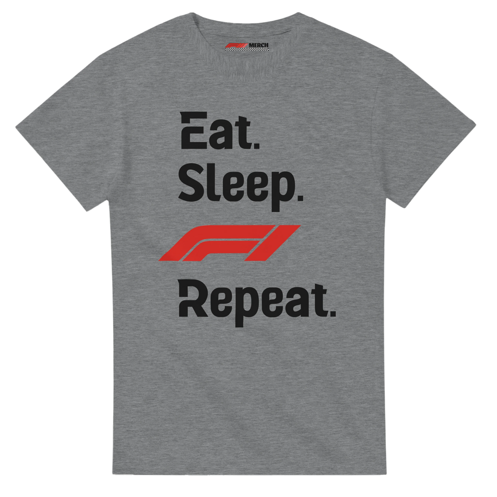 f111 merch sport-grey color t-shirt with eat-sleep-f1-repeat-red branding.