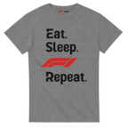 f111 merch sport-grey color t-shirt with eat-sleep-f1-repeat-red branding.