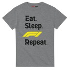 f111 merch sport-grey color t-shirt with eat-sleep-f1-repeat-yellow branding.
