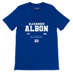 f111 merch true-royal color t-shirt with alex-albon branding.