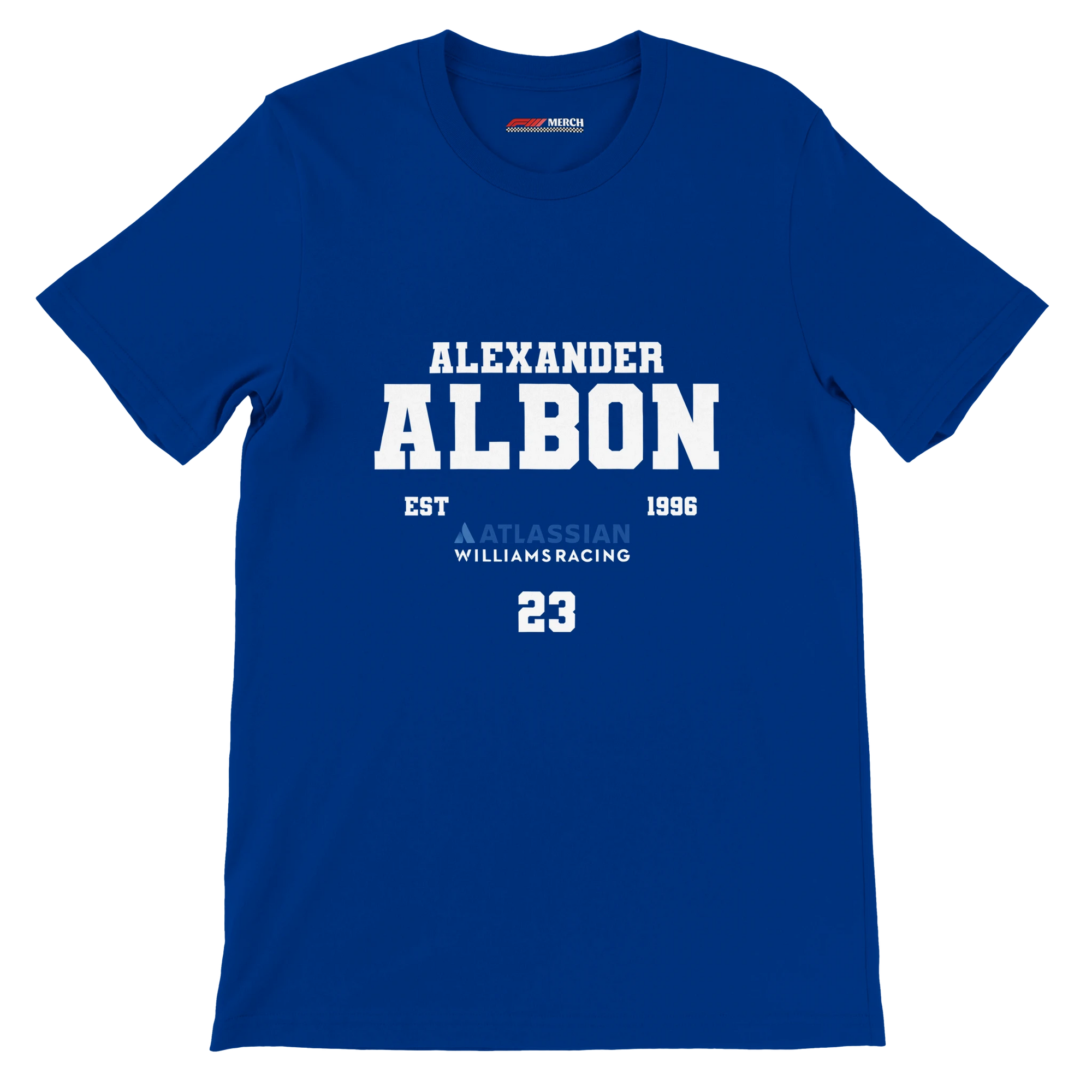 f111 merch true-royal color t-shirt with alex-albon branding.
