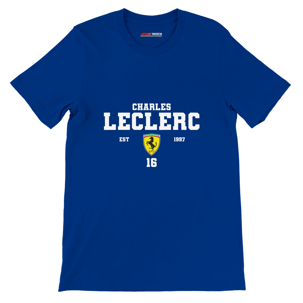f111 merch true-royal color t-shirt with charles-leclerc branding.