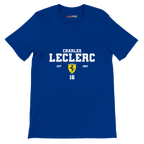 f111 merch true-royal color t-shirt with charles-leclerc branding.