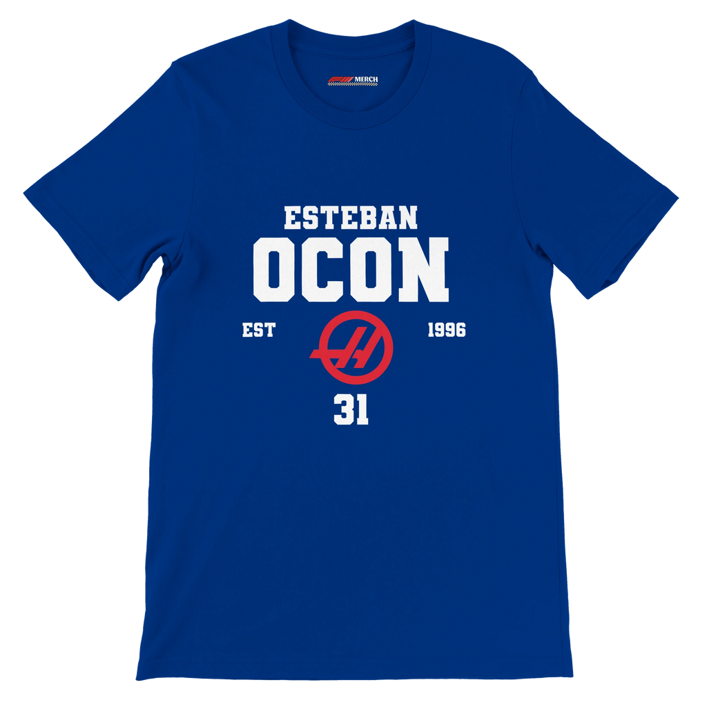 f111 merch true-royal color t-shirt with esteban-ocon branding.