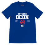 f111 merch true-royal color t-shirt with esteban-ocon branding.