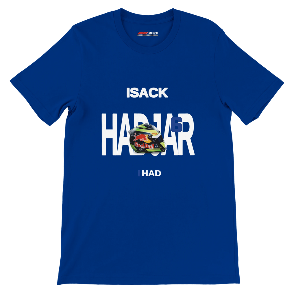 f111 merch true-royal color t-shirt with hadjar branding.