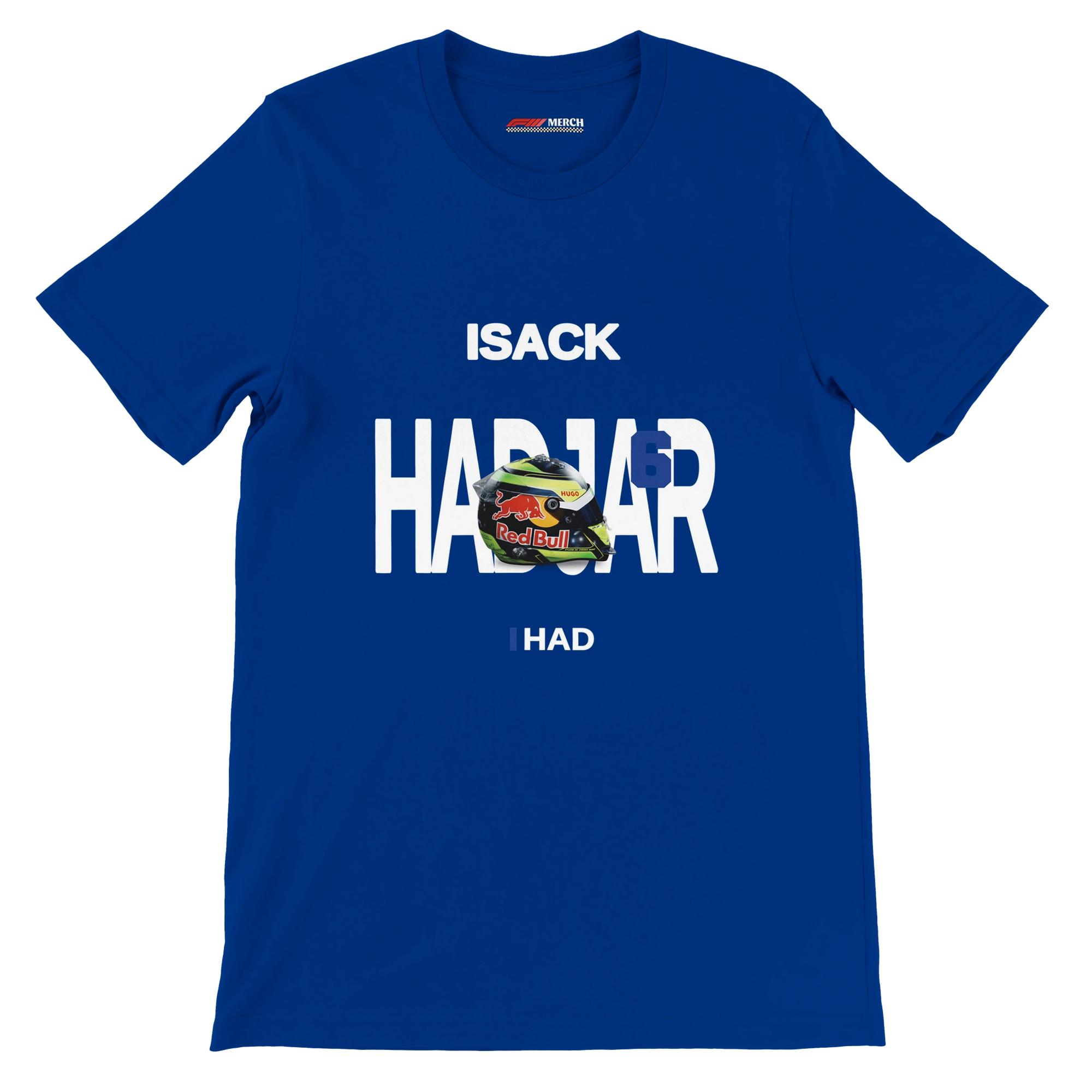 f111 merch true-royal color t-shirt with hadjar branding.