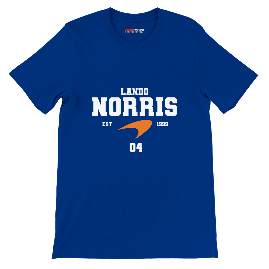 f111 merch true-royal color t-shirt with lando-norris branding.
