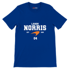 f111 merch true-royal color t-shirt with lando-norris branding.