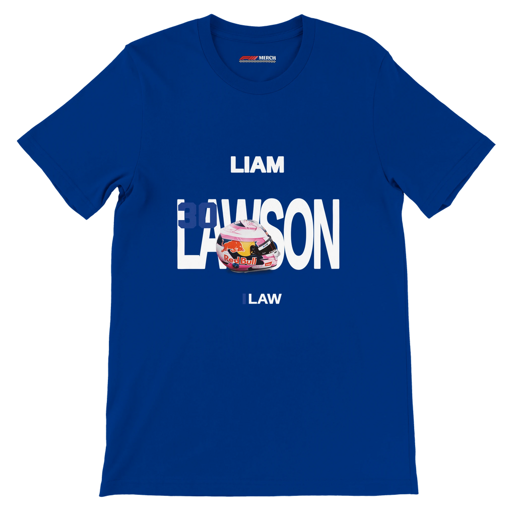 f111 merch true-royal color t-shirt with lawson branding.