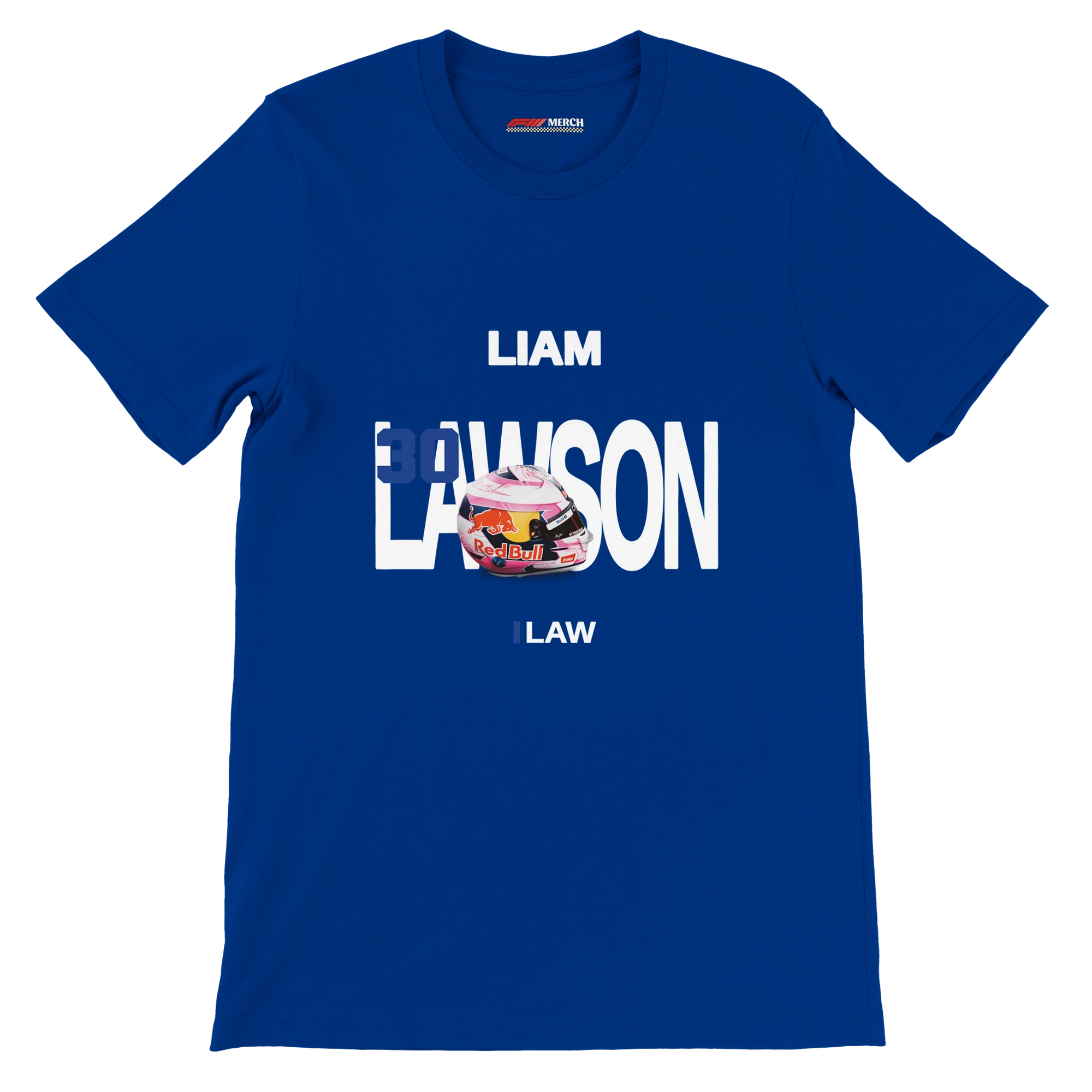 f111 merch true-royal color t-shirt with lawson branding.