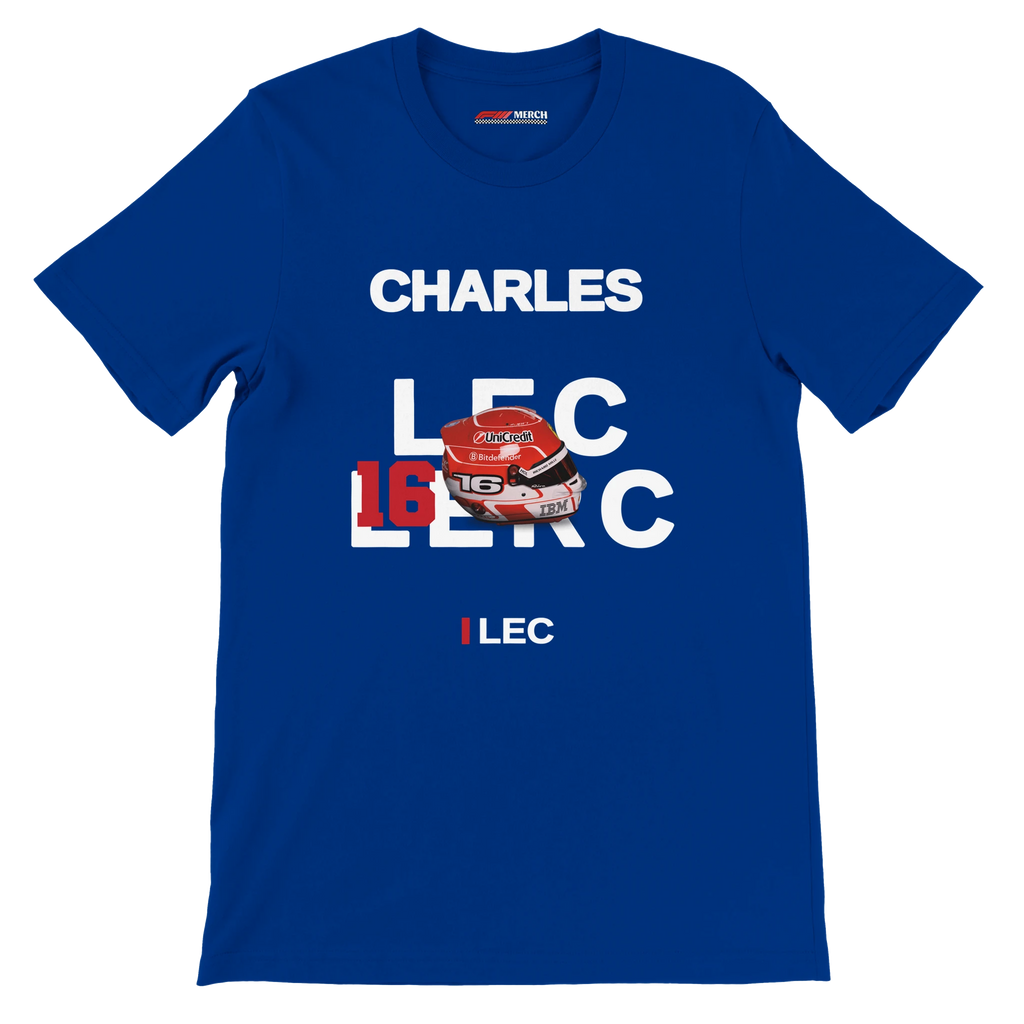 f111 merch true-royal color t-shirt with leclerc branding.