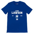 f111 merch true-royal color t-shirt with liam-lawson branding.