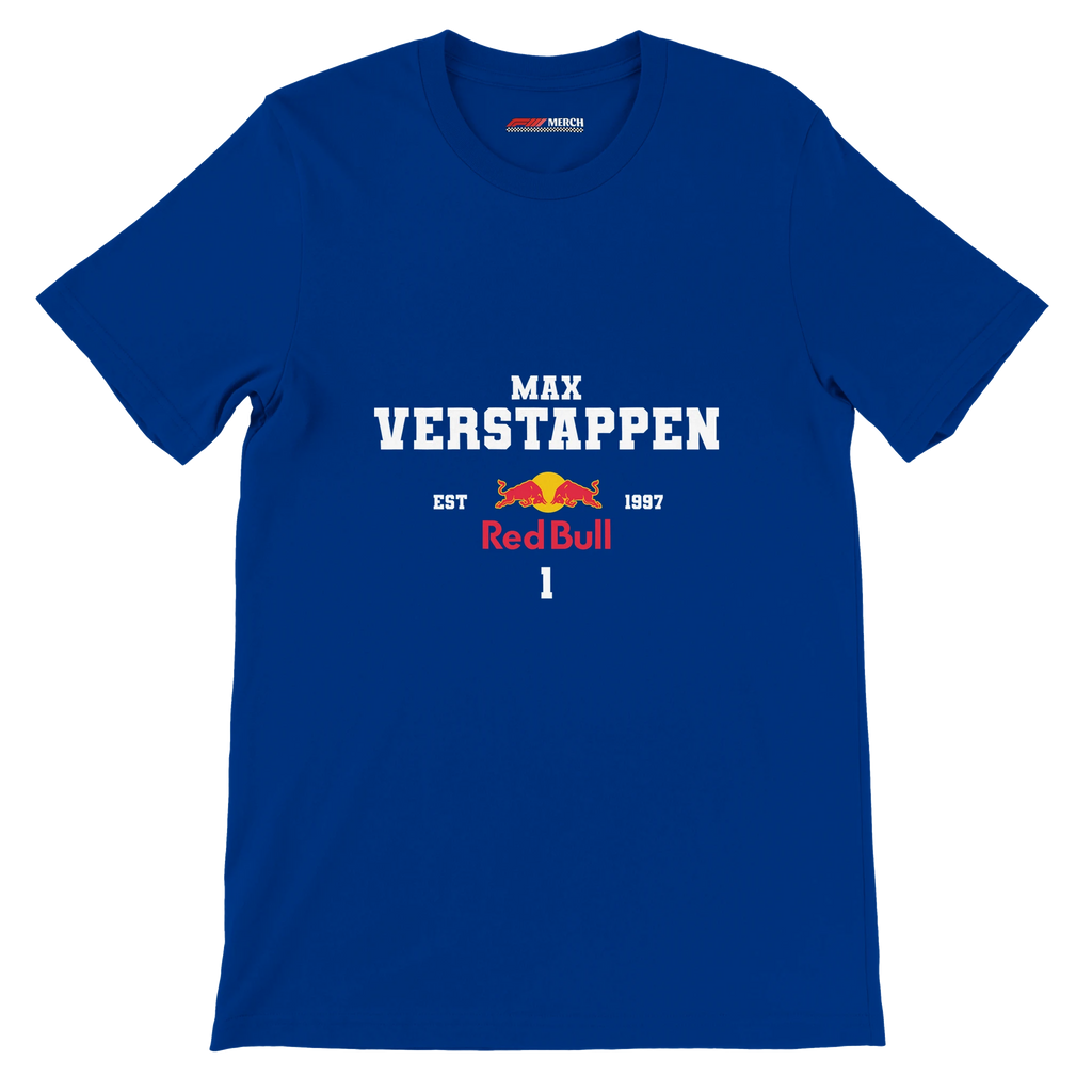 f111 merch true-royal color t-shirt with max-verstappen branding.