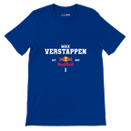 f111 merch true-royal color t-shirt with max-verstappen branding.