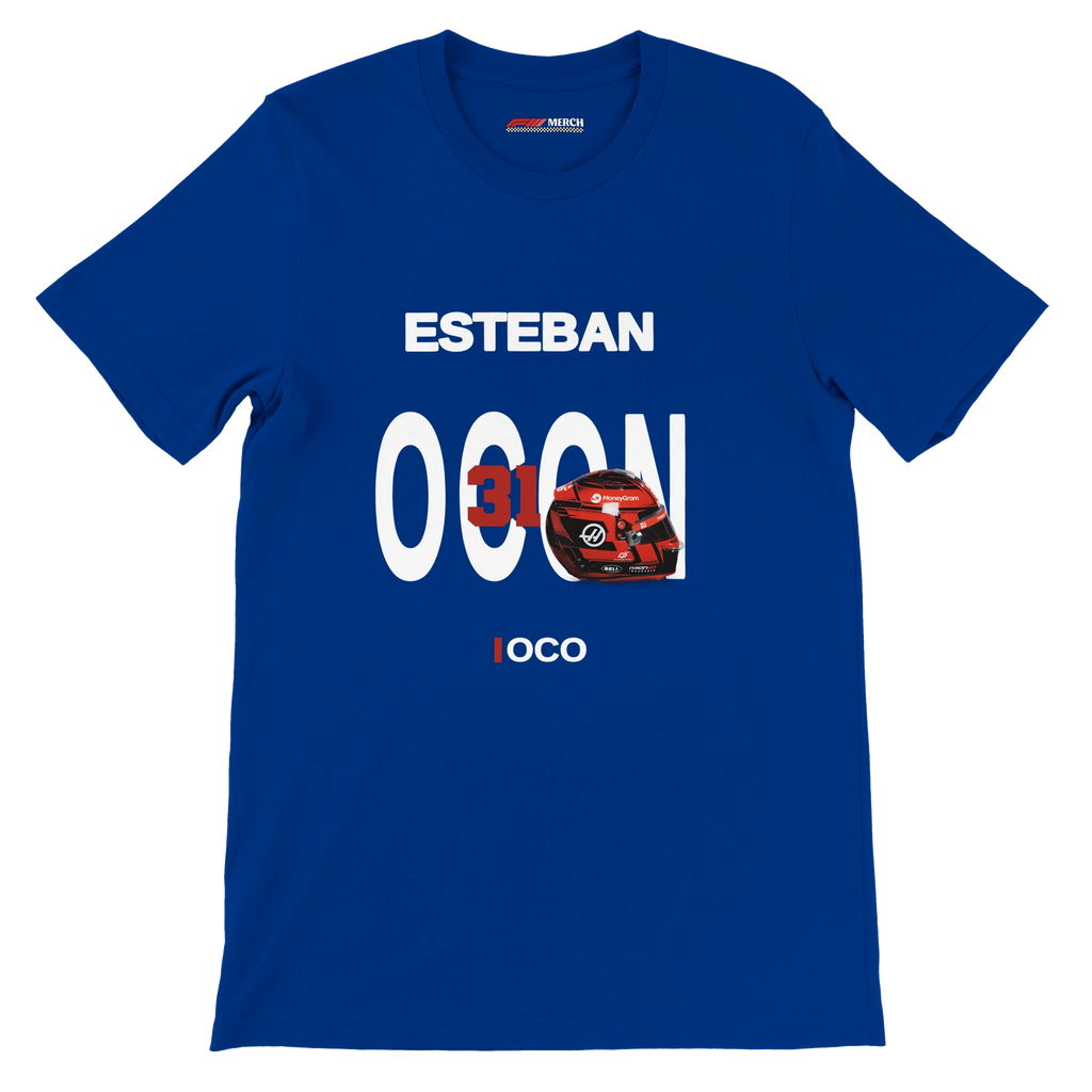 f111 merch true-royal color t-shirt with ocon branding.