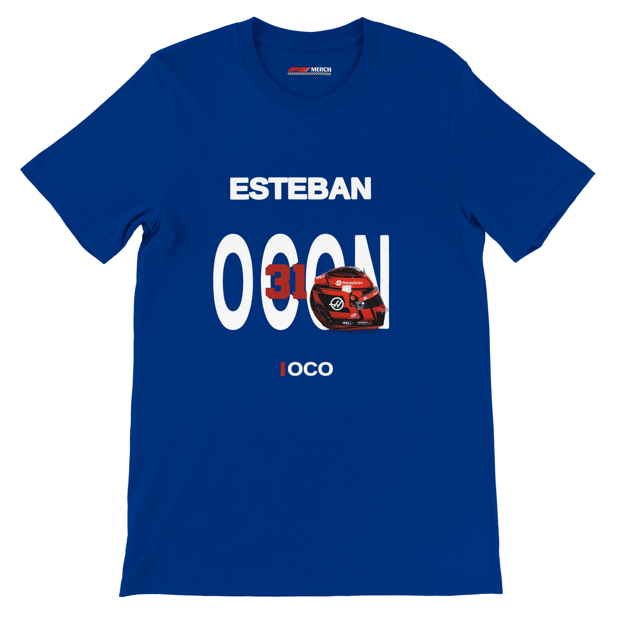 f111 merch true-royal color t-shirt with ocon branding.