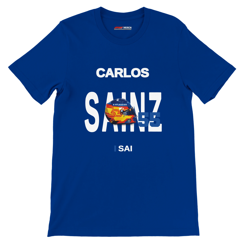 f111 merch true-royal color t-shirt with sainz branding.
