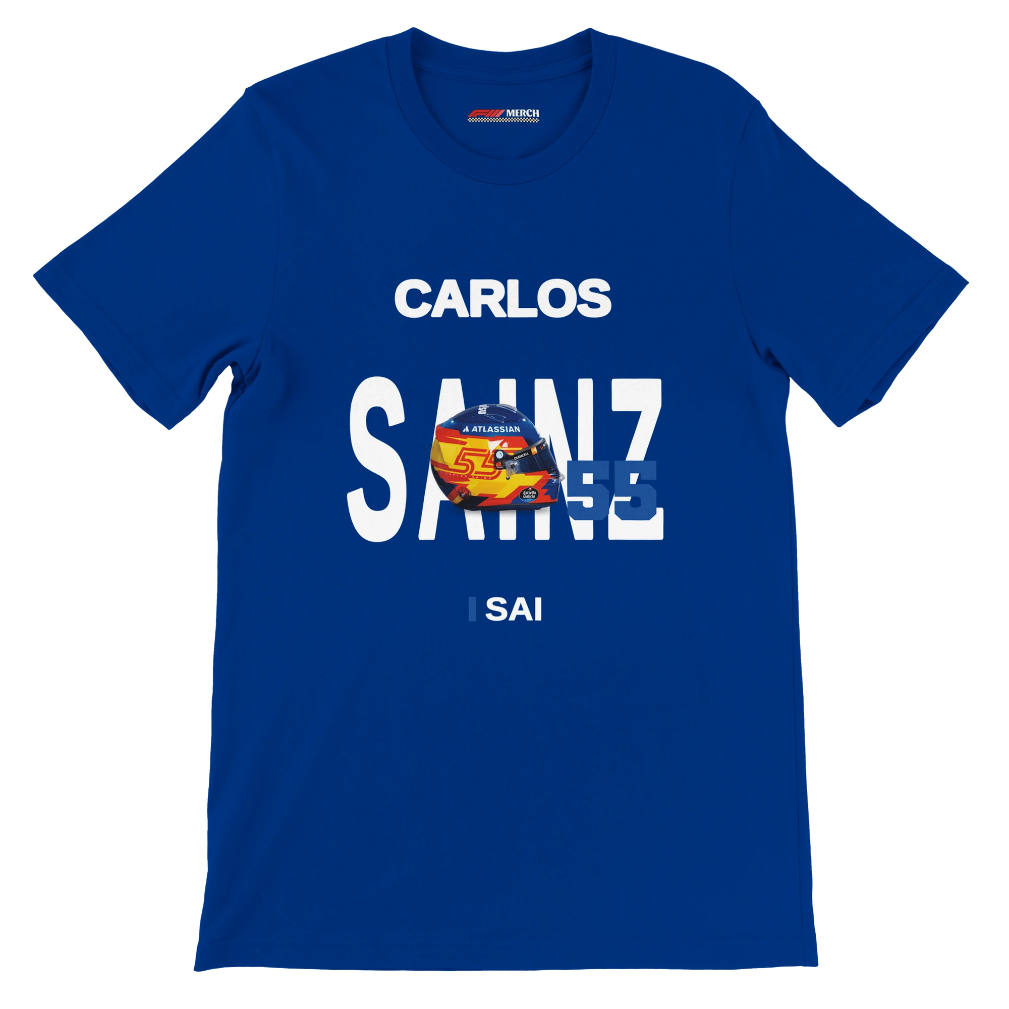 f111 merch true-royal color t-shirt with sainz branding.