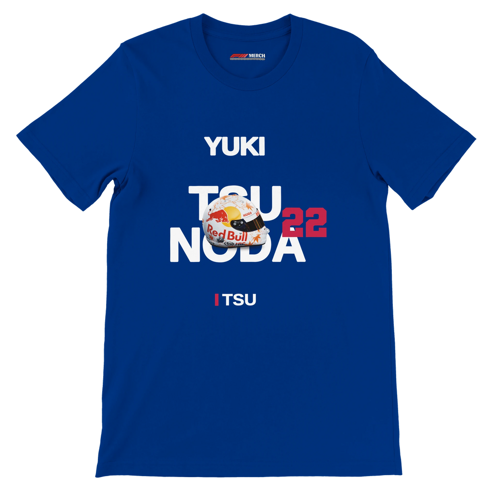 f111 merch true-royal color t-shirt with tsunoda branding.