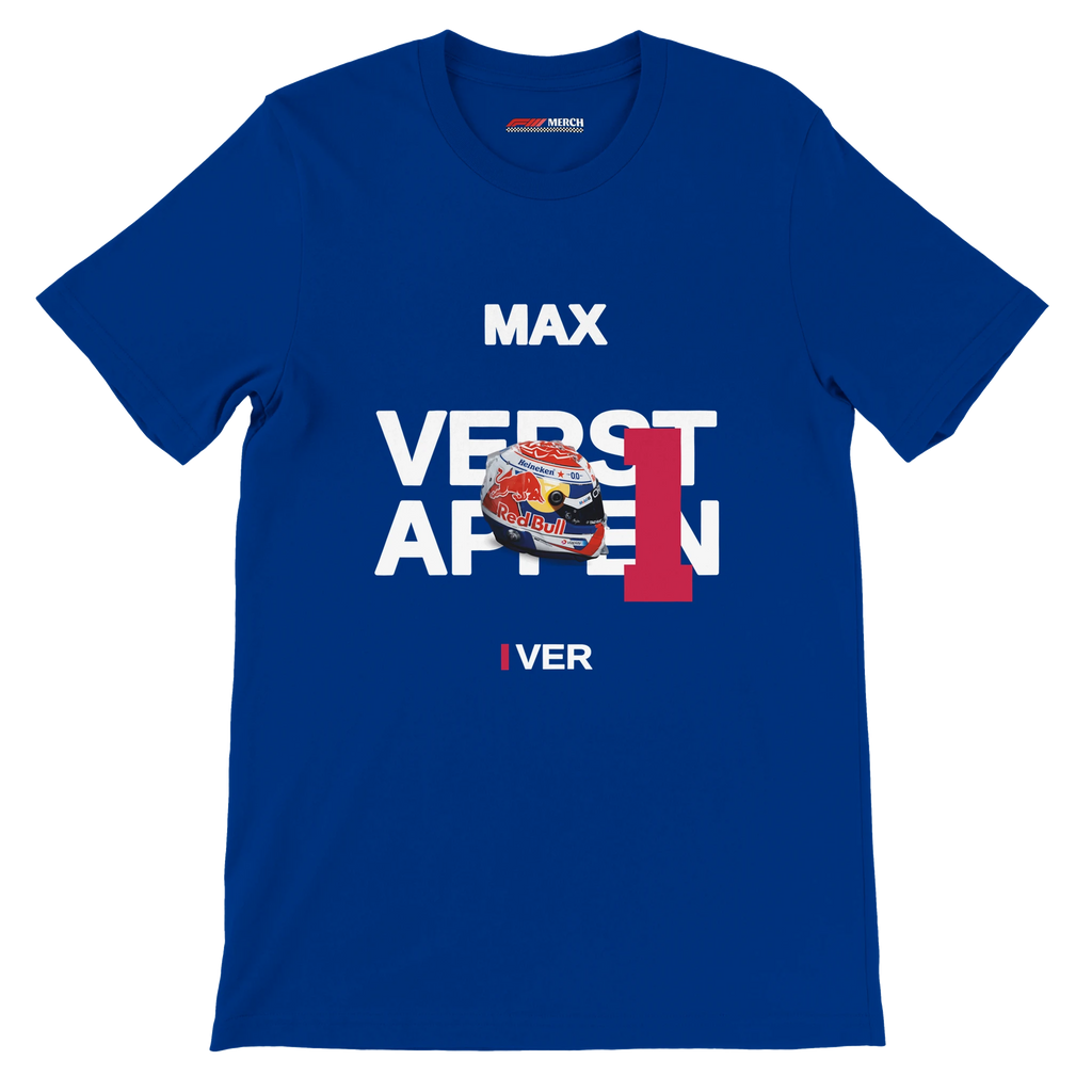f111 merch true-royal color t-shirt with verstappen branding.
