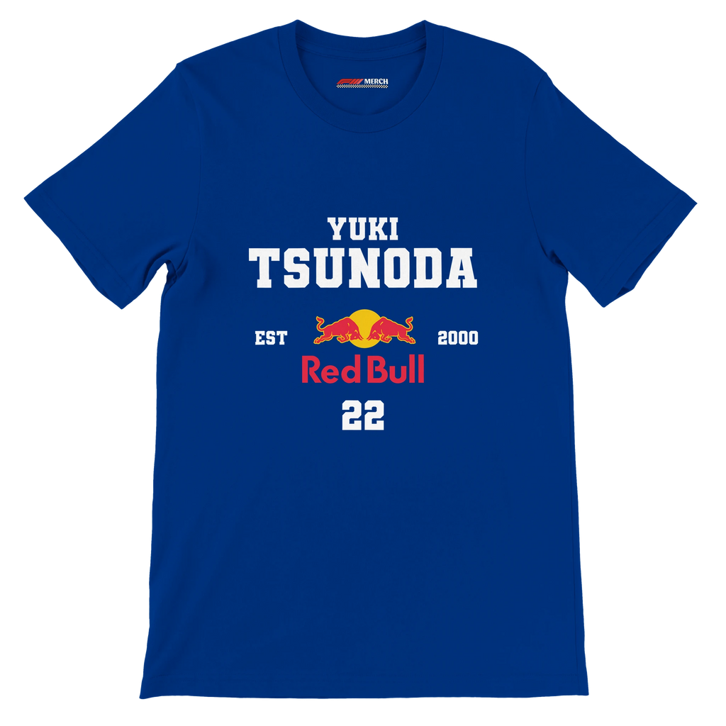 f111 merch true-royal color t-shirt with yuki-tsunoda branding.