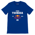 f111 merch true-royal color t-shirt with yuki-tsunoda branding.