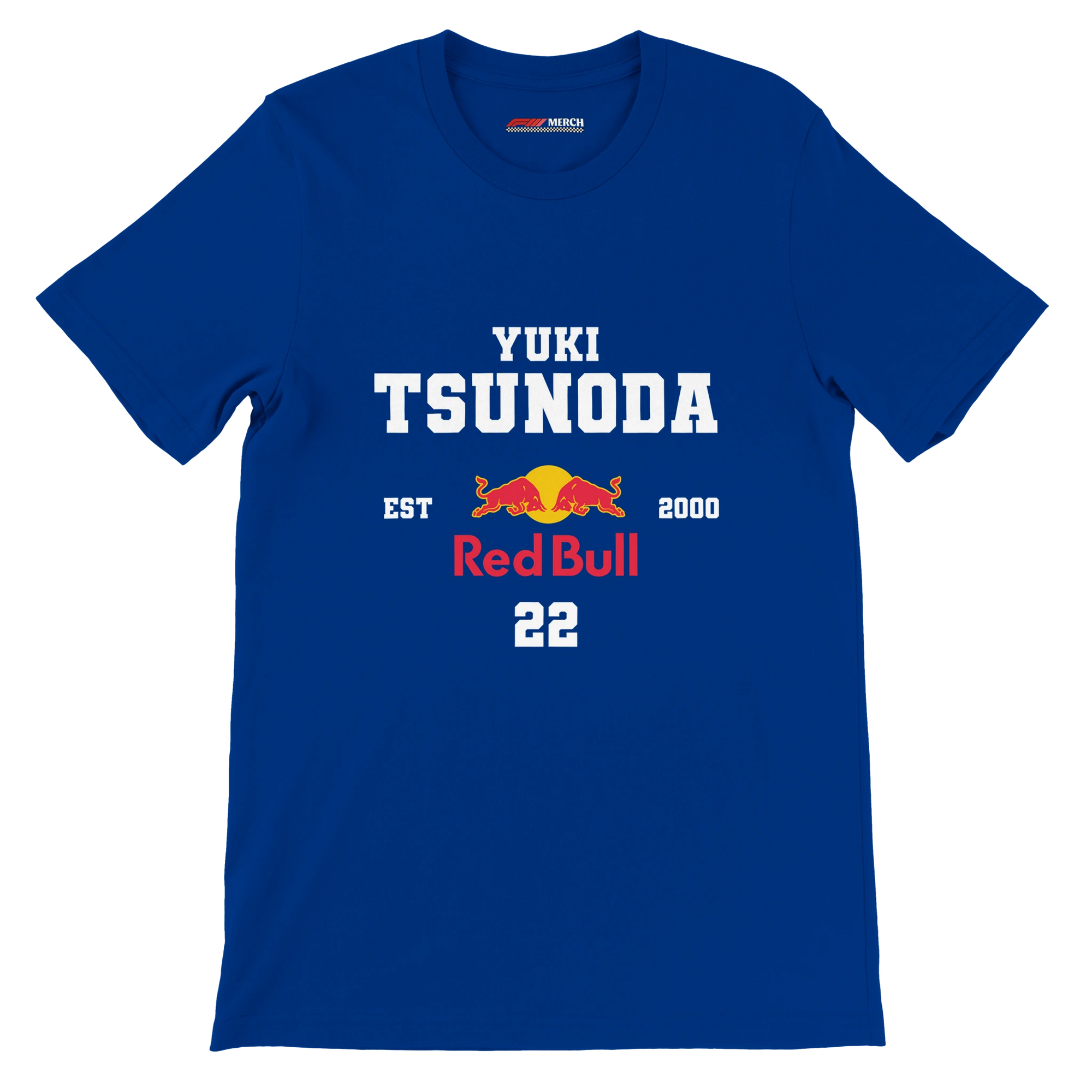 f111 merch true-royal color t-shirt with yuki-tsunoda branding.