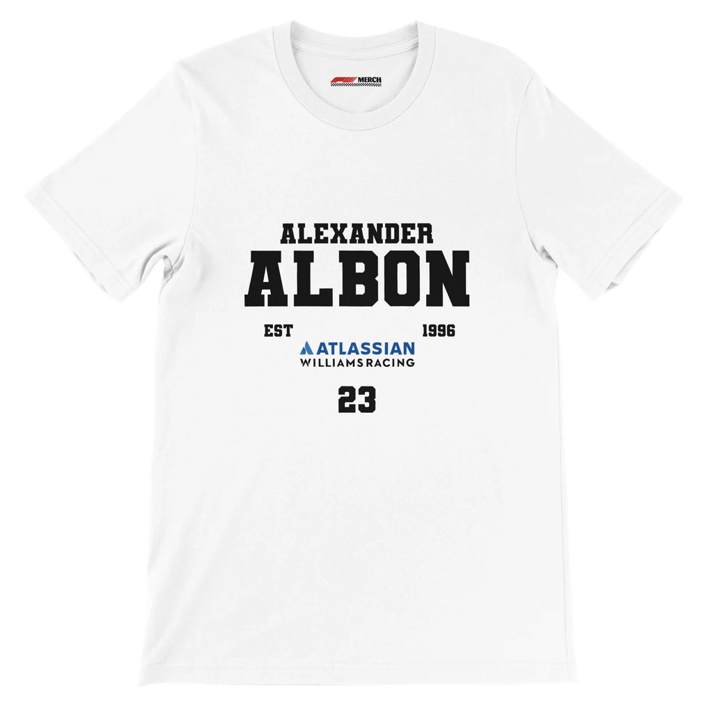 f111 merch white color t-shirt with alex-albon branding.