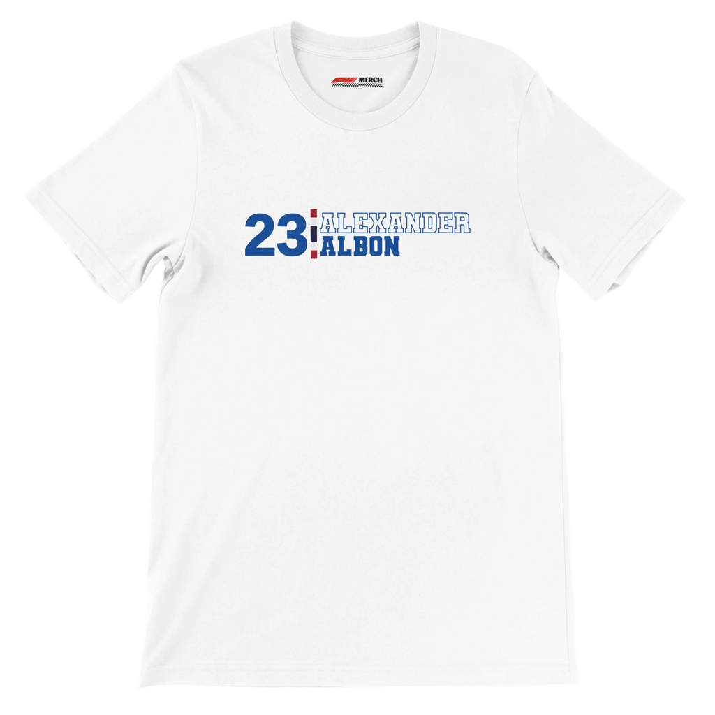f111 merch white color t-shirt with alex-albon branding.