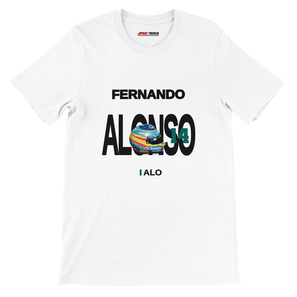 f111 merch white color t-shirt with alonso branding.