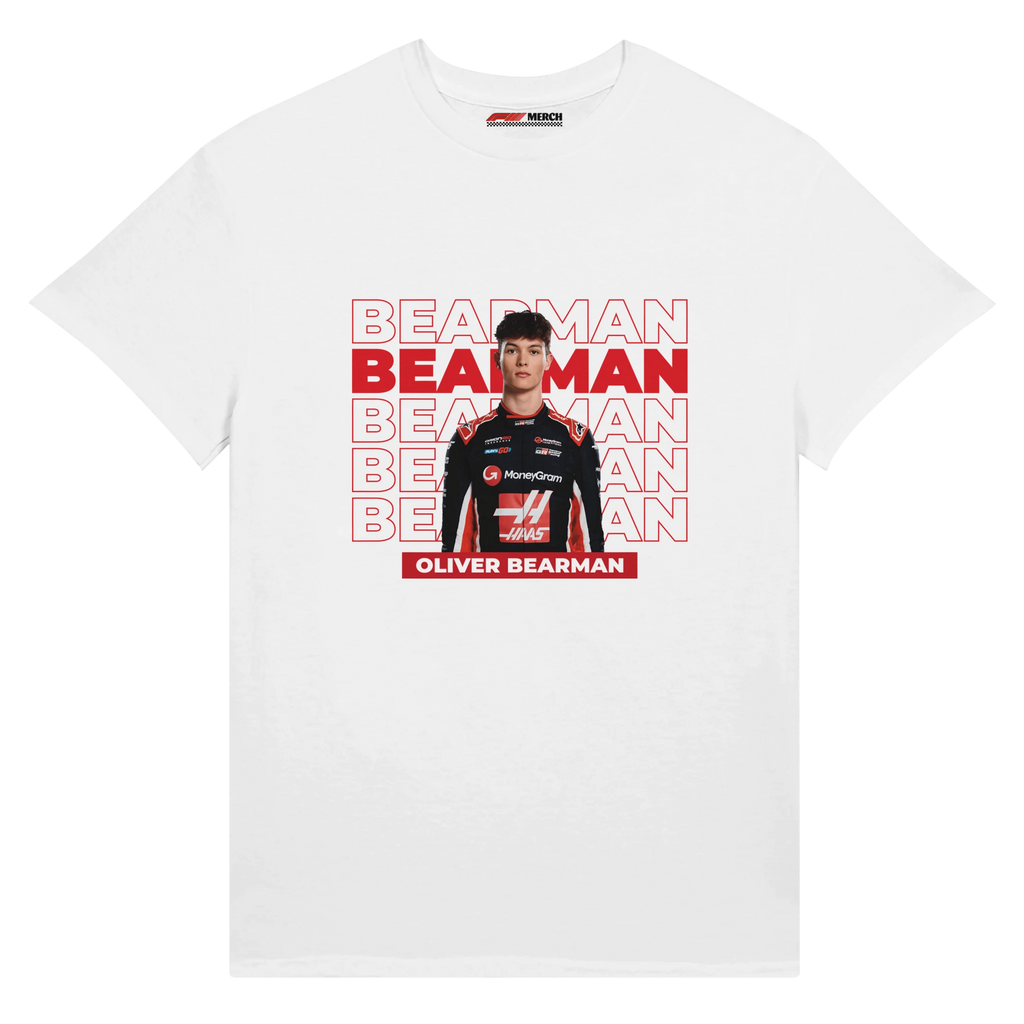 f111 merch white color t-shirt with bearman branding.