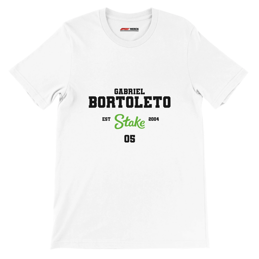 f111 merch white color t-shirt with bortoleto branding.