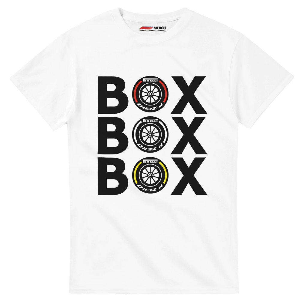 f111 merch white color t-shirt with box-box-box branding.