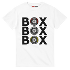 f111 merch white color t-shirt with box-box-box branding.