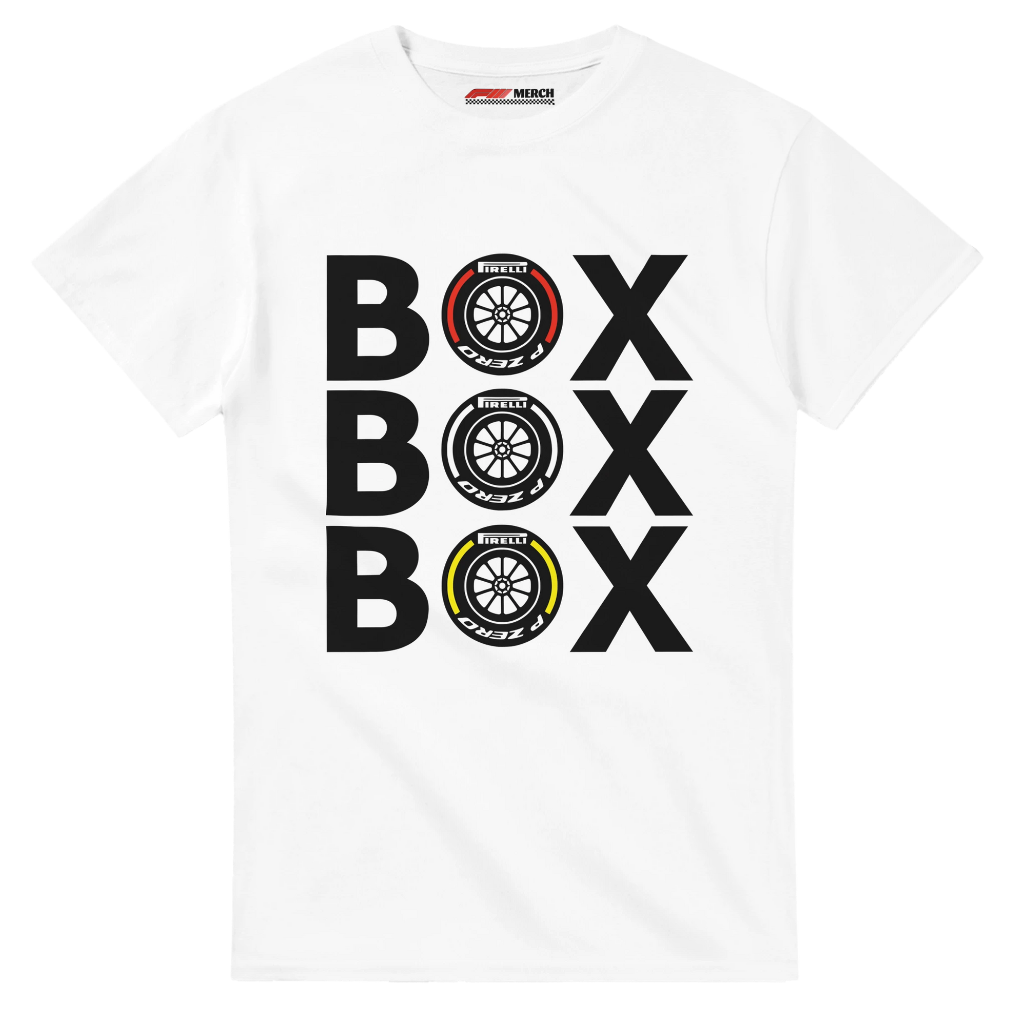 f111 merch white color t-shirt with box-box-box branding.