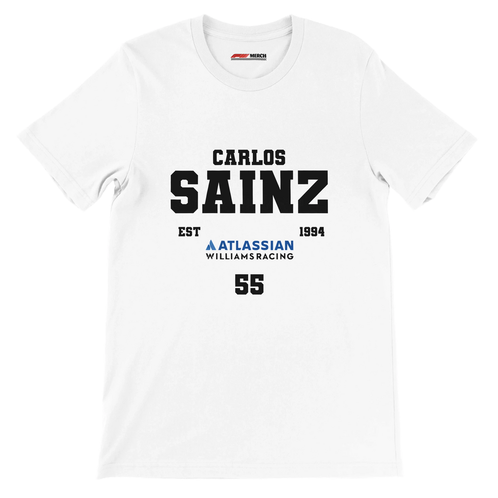 f111 merch white color t-shirt with carlos-sainz branding.