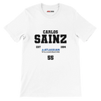 f111 merch white color t-shirt with carlos-sainz branding.