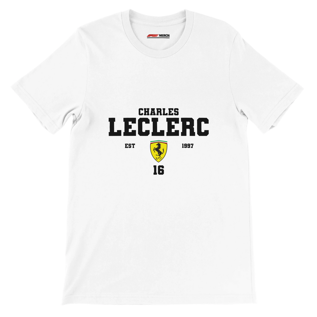 f111 merch white color t-shirt with charles-leclerc branding.