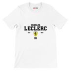 f111 merch white color t-shirt with charles-leclerc branding.