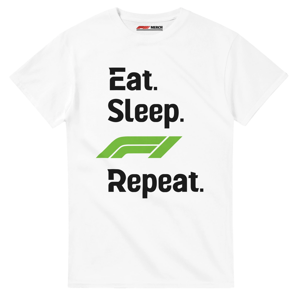 f111 merch white color t-shirt with eat-sleep-f1-repeat-green branding.